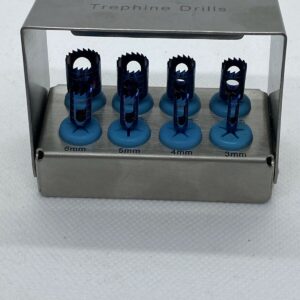 Dental Trephine Drills Kit 8 Pcs Implant Blue Titanium Coated & Bur Holder CE