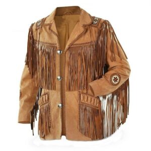 Men's Leather Native Western Jacket With Fringe Cowboy Style Suede Brown