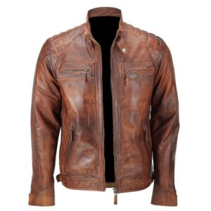 Men's Biker Quilted Vintage Distressed Motorcycle Cafe Racer Leather Jacket