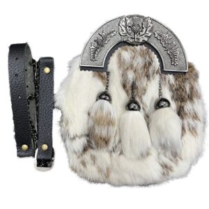 Scottish Kilt White Brown Rabbit Full Dress Sporan Antique Enamel Thistle Cantel