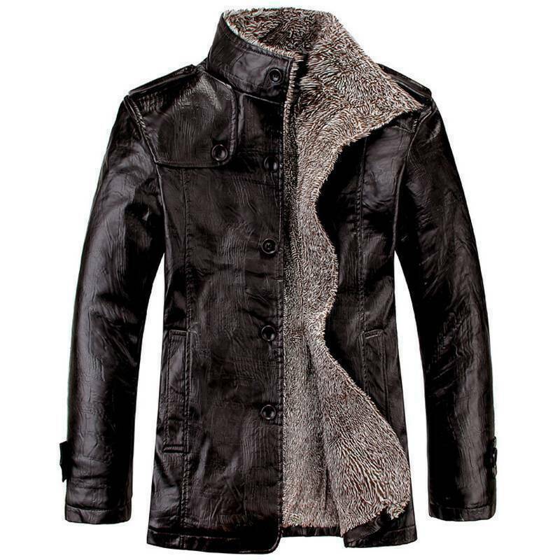 Men Warm Winter Overcoat Leather Lamb Fur Lined Thick Coat Fashion Cowboy Jacket - Image 3