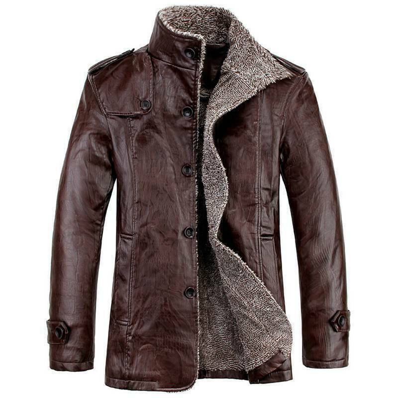 Men Warm Winter Overcoat Leather Lamb Fur Lined Thick Coat Fashion Cowboy Jacket - Image 4