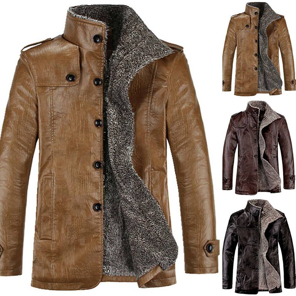 Men Warm Winter Overcoat Leather Lamb Fur Lined Thick Coat Fashion Cowboy Jacket - Image 5