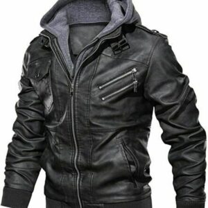 Men’s Casual Stand Collar Leather Zip-Up Motorcycle Bomber Jacket removable Hood